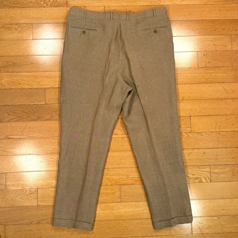 Ermenegildo Zegna Mens 40x30 Tan 100% Linen Pleated Cuffed Dress Pants Italy